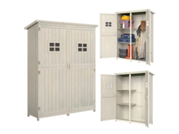 Casa de jardim em madeira com porta dupla, prateleiras e janelas 127,5x50x164cm BTFORUS