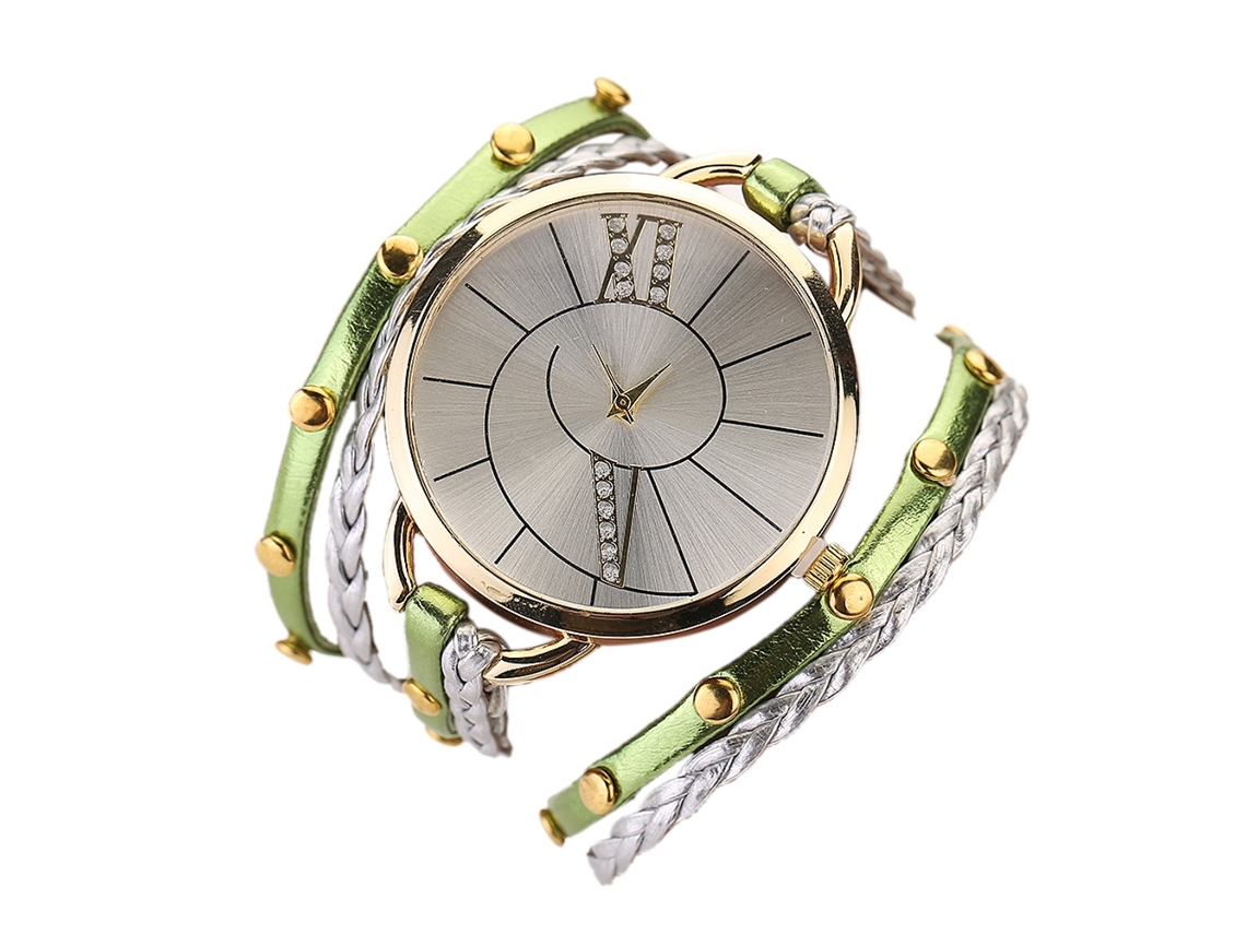 Relógio de Pulso Feminino Retro de Quartzo com Pulseira de Corda Trançada Multicamada Verde