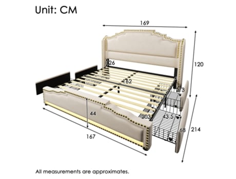 Cama Box 160x200 Cm Com 4 Gavetas, Iluminação Led E Porta Usb, Cabeceira Acolchoada, Colchão Incluso, Cor Bege