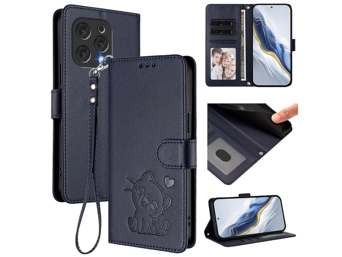 Capa De Couro Para Celular Com Estampa De Coração De Gato E Alça De Mão