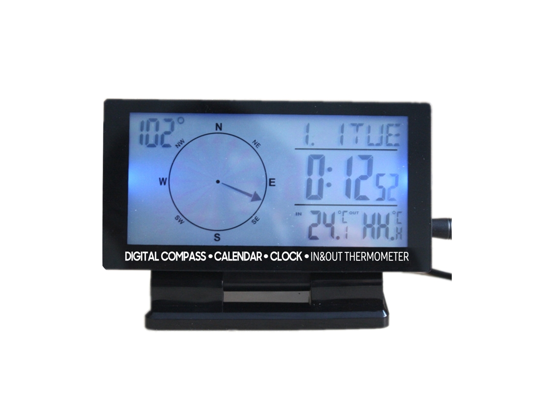 Termômetro Digital Para Carro Com Bússola, Relógio, Calendário E Temperatura Interna/externa Com Retroiluminação Lcd