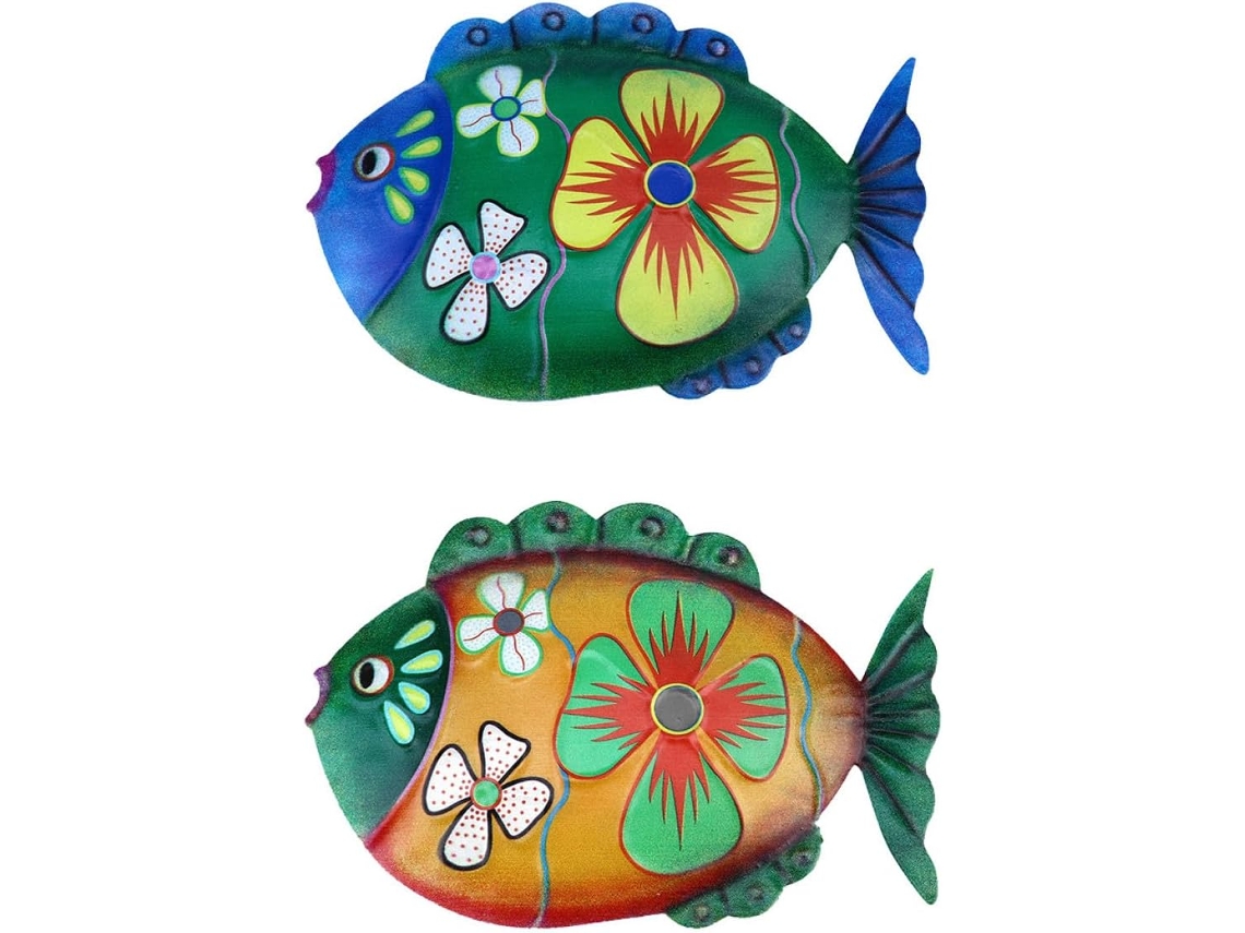 Conjunto 2 Enfeites Parede Forma Peixe Feitos Ferro Pintado Ornamentos Coloridos Quarto Jardim Texturizada GOKOCO