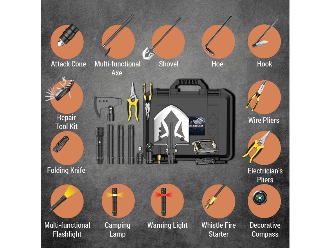 Kit Sobrevivência Portátil com Shovel, Axe e Lanterna