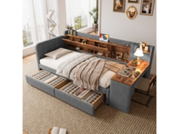 Daybett 90x200cm Grau Leinen Schubladen Usb C Flip Top Lattenrost