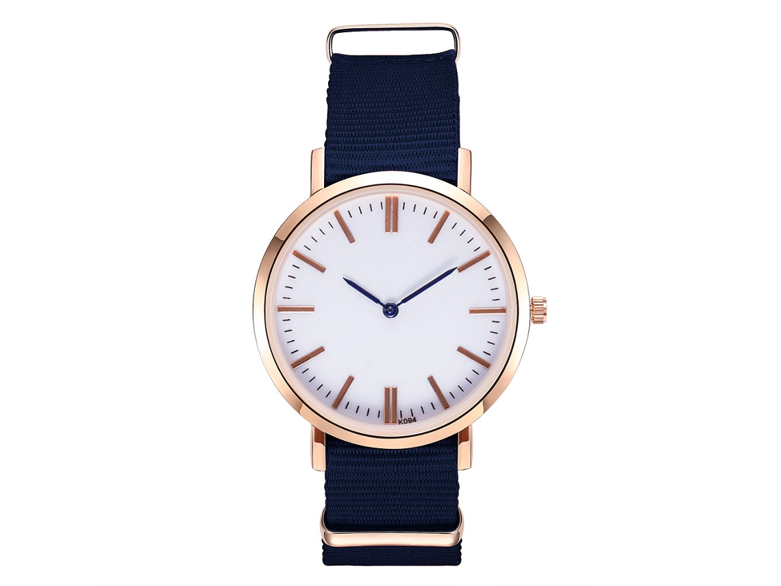Relógio analógico de quartzo azul royal com pulseira de nylon para homens e mulheres.