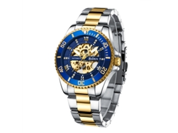 Relógio Mecânico Esqueleto Automático , Relógio de Pulso Masculino Casual e Elegante. MDUG (dourado e Azul)