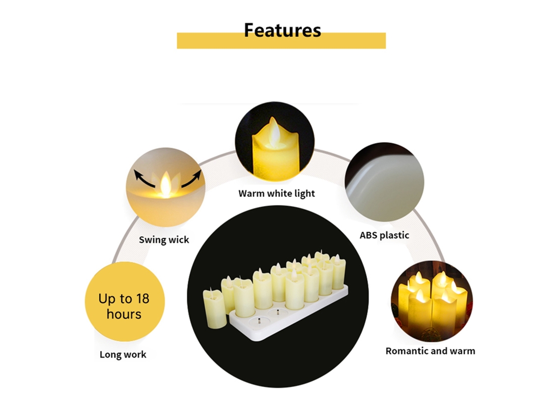 12 velas LED sem chama, recarregáveis com controle remoto de 4 botões, luz amarela quente | S/MARCA