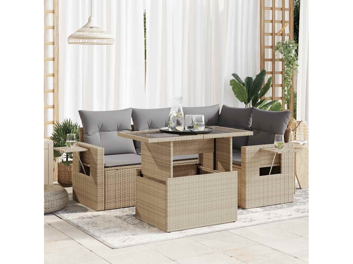 Vidaxl 5 Pcs Conjunto De Sofás P/ Jardim Com Almofadões Vime Pe Bege