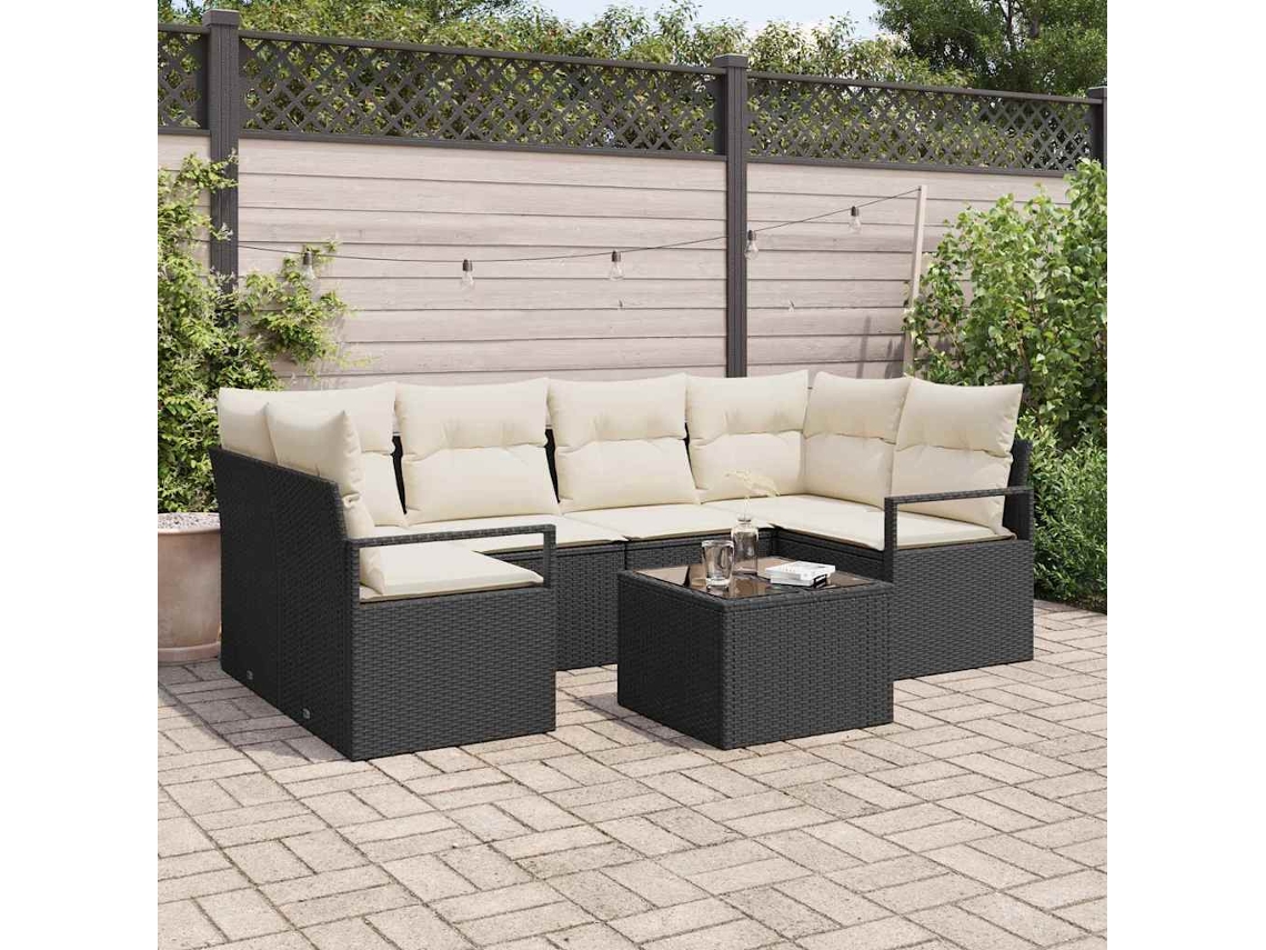 Vidaxl Conjunto de Sofás com Almofada 7 Pcs Preto e Creme Vime Pe