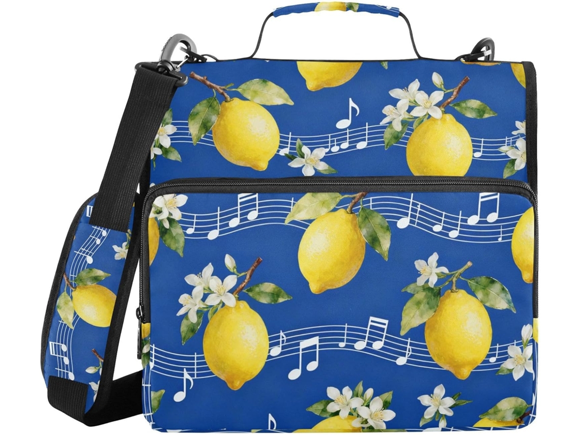 Pasta organizadora escolar com zíper de 3,8 cm, 1,5 pochetes da Lemon Music Note, com alça superior e diversos bolsos.
