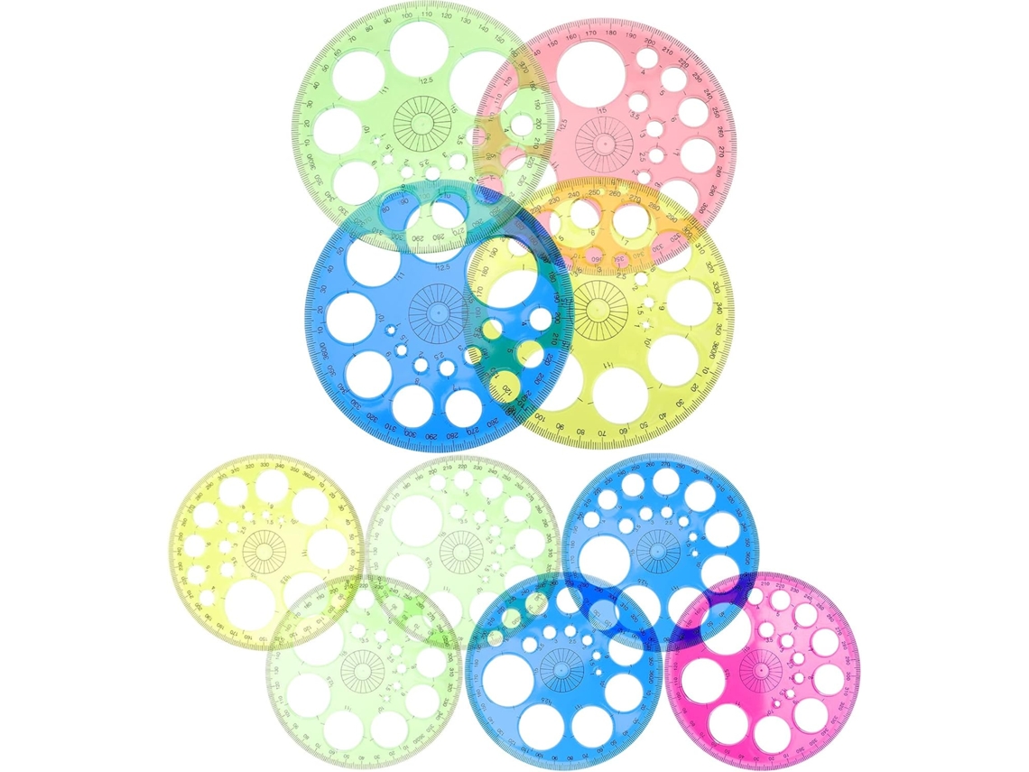 Conjunto de 10 decalques circulares de plástico para decoração escolar, régua de design profissional, fáceis de usar.