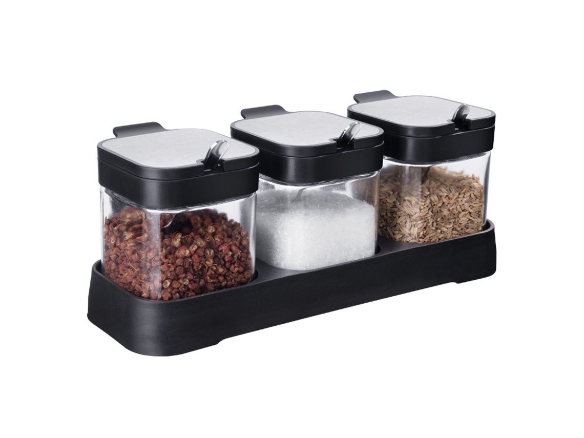 Organizador De Temperos Conjunto 3 Peças Vidro Tampa Colher Cozinha