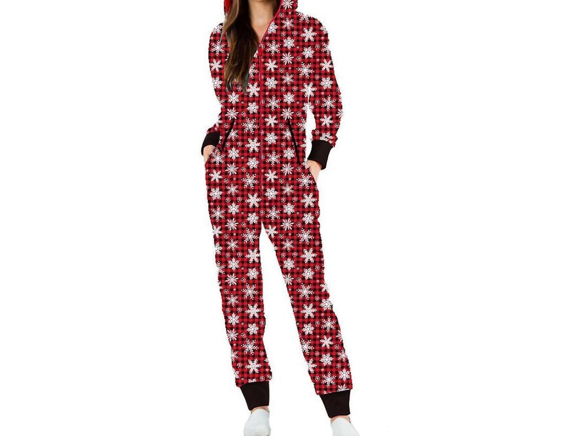 2026 pijama de Natal para Mulher Monopiece com Capuz Pijamas Confortáveis de Manga Longa XL Snowflake Plaid
