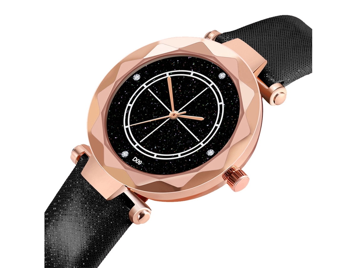 Relógio de pulso feminino com mostrador de diamantes em PU, movimento de quartzo, estilo fashion, preto.