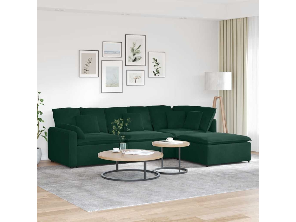 Vidaxl Sofá Modular Com Pufes E Almofadas Veludo Verde-escuro