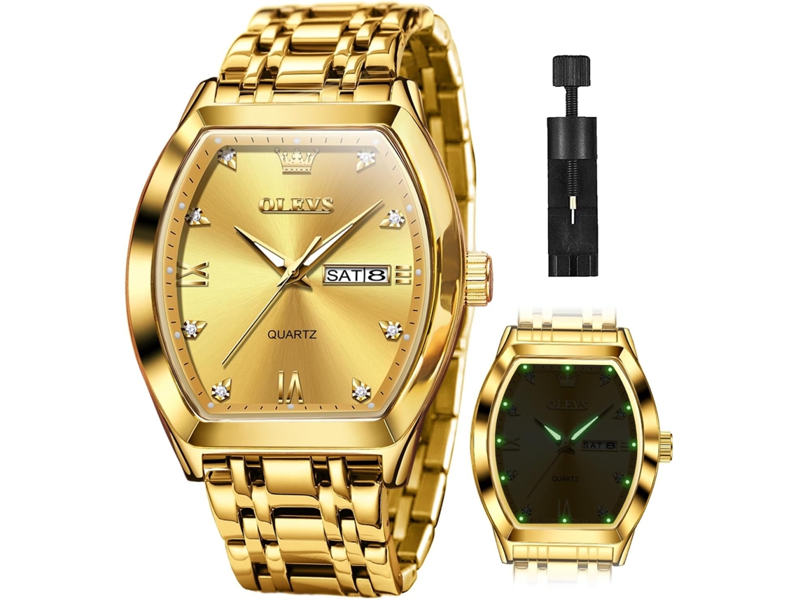 Lurelia Relógio Masculino, Movimento De Quartzo, Data/calendário, Luminoso, Detalhes Com Strass, 40 Mm, 11 Mm, Aço Inoxidável, Abs, Dourado