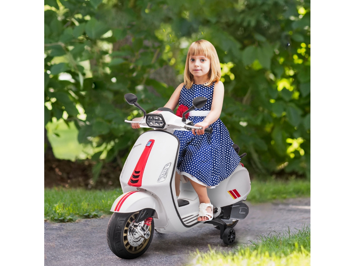 Moto Elétrica para Crianças de 3 6 Anos com Licença Vespa com Usb Mp3 Luz Led Rádio Fm Velocidade 3 Km/h Carga 35 Kg Branco