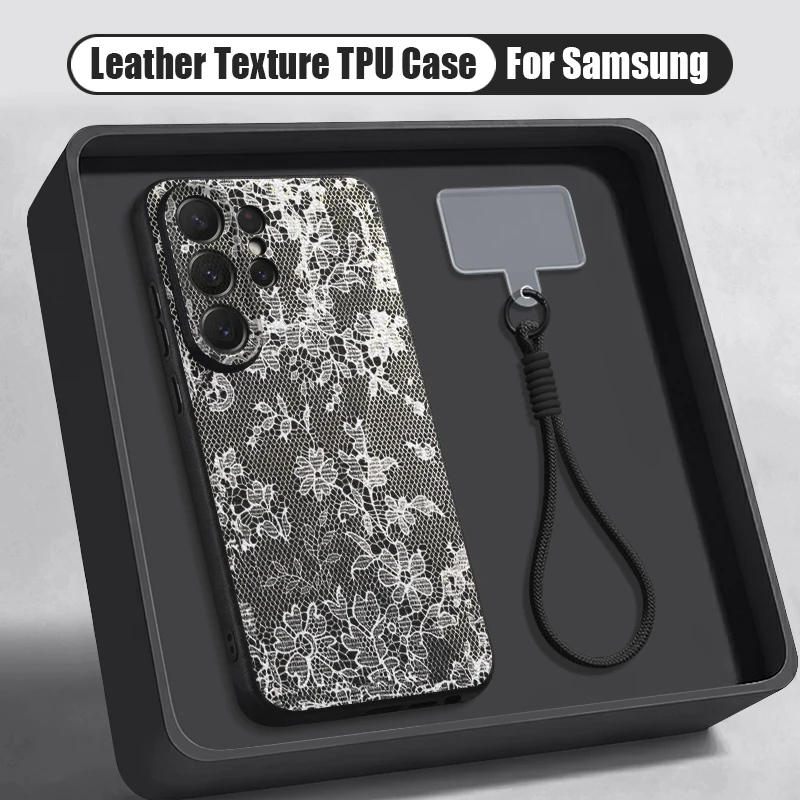 Capa Para Celular Galaxy A16 5g Com Estampa Floral Retrô, Em Tpu, Com Cordão Preto.