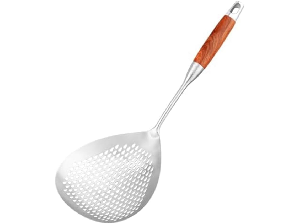 Colher Grande Perfurada Em Aço Inoxidável 304com Cabo De Madeira, 40cm 16 Polegadas, Fácil De Usar