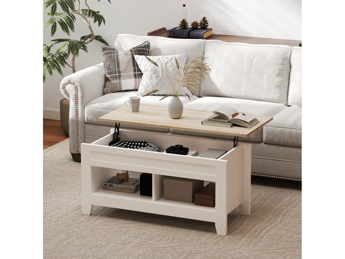 Mesa De Centro Com Bancada Elevável 2 Compartimentos Abertos Bancada De Madeira 105x50x49 Cm Branco E Madeira