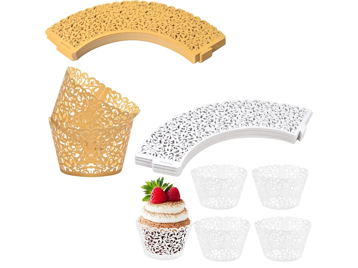 100 Unidades De Forminhas Papel Para Cupcake (dourado + Branco), Rendadas, Decorações Cupcakes E Muffins.