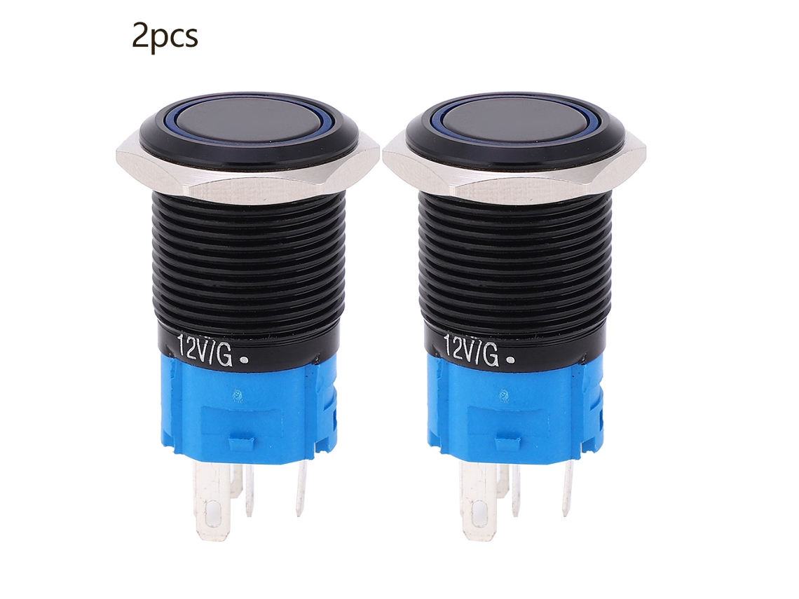 Interruptor De Botão Push 12vdc 16mm 5 Pinos Auto Bloqueio Ip65 Com Luz Azul Aço Inox 2pcs