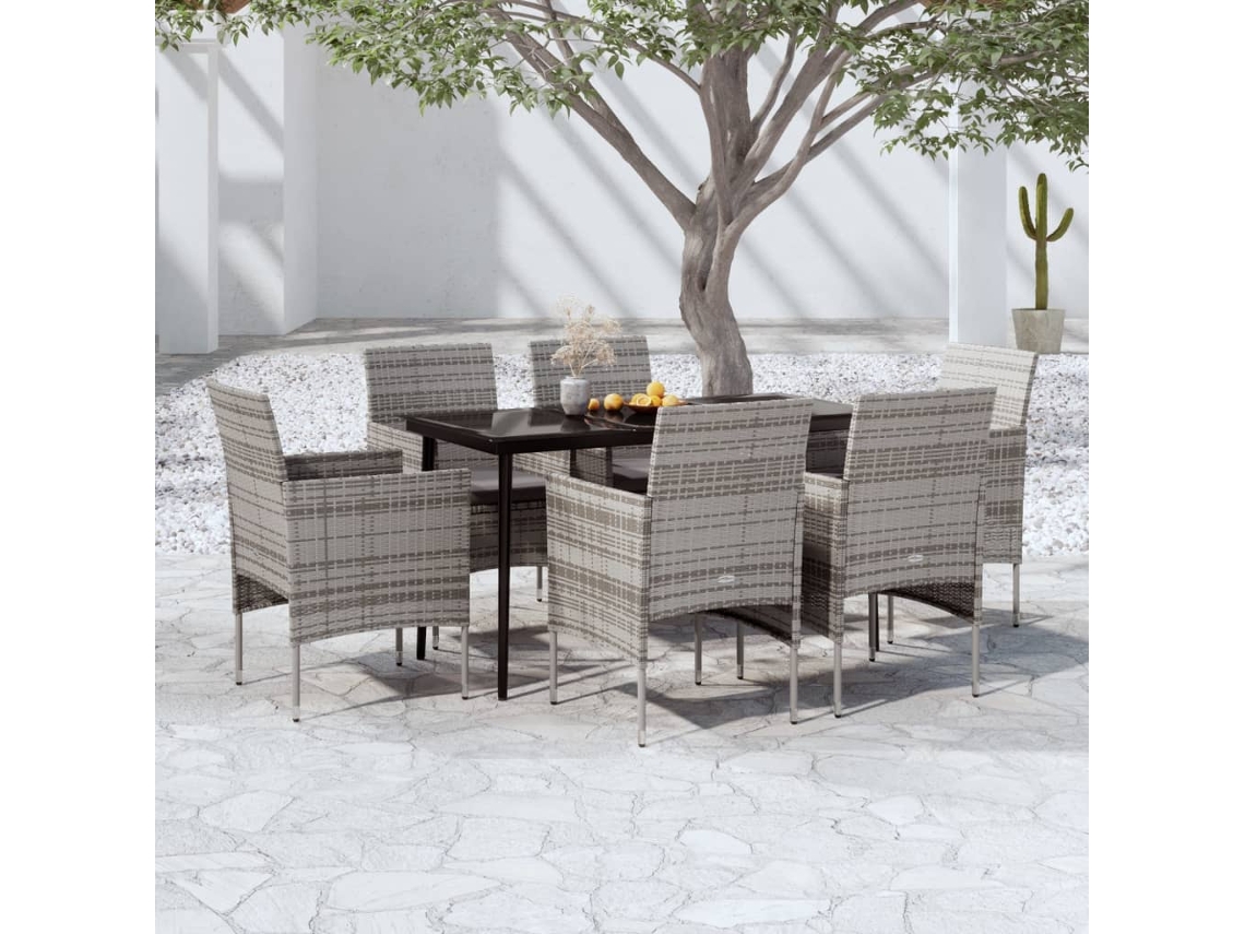 Vidaxl 7 Pcs Conjunto De Jantar P/ Jardim C/ Almofadões Cinza E Preto