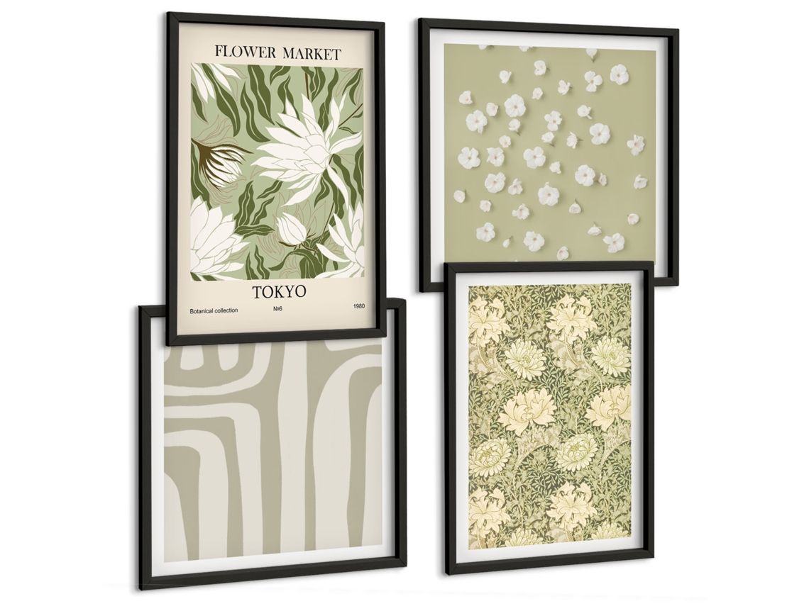 Composição De Quadros Boho Vegetal Com Flores Espelharte (4 Peças)