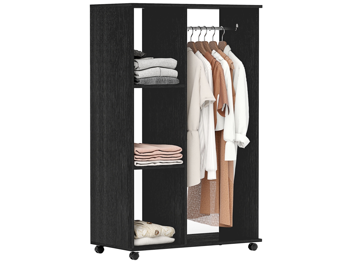 Guarda-roupa Com Rodízios, Cabideiro E Prateleiras Para Roupas Penduradas E Dobradas, 80x40x128 Cm, Preto