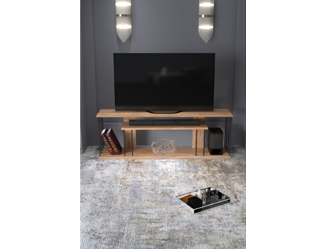 Móvel De Tv Baixo Casa Basics 140 Cm Em Madeira Natural Com Prateleiras E Estrutura De Metal Preto