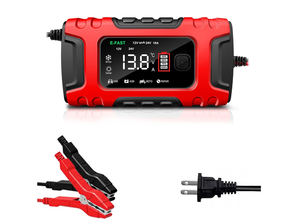 Carregador automático de baterias para carros e motos com visor digital e proteções inteligentes.