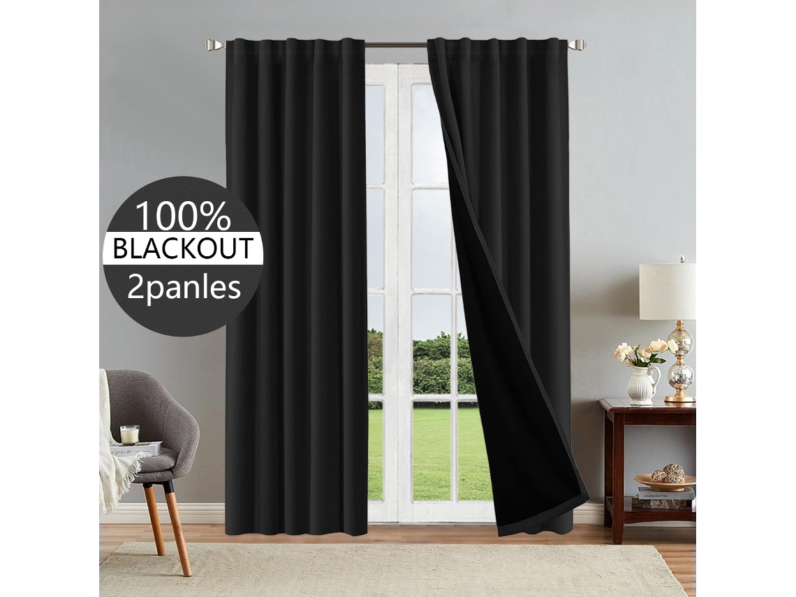 Cortinas Blackout Para Sala De Estar, Cortinas Com Isolamento Térmico E Forro Preto, Ideais Para Portas De Varanda, Kit Com 2 Peças, Preto 132x241 Cm