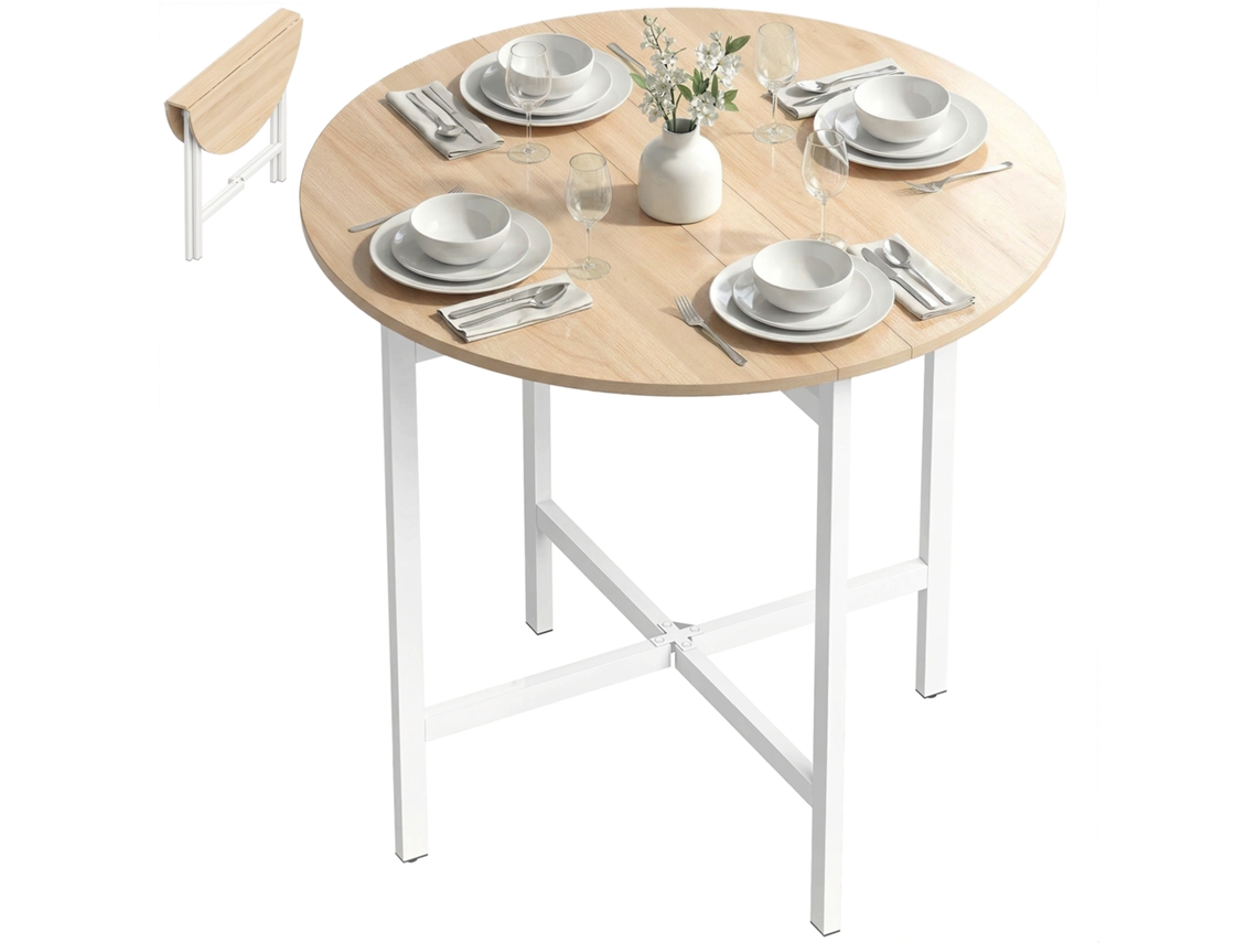Mesa de Jantar Dobrável, Redonda, com 80 Cm de Diâmetro, para 2 a 4 Pessoas, na Cor Madeira Natural. BAGOLY SHOP