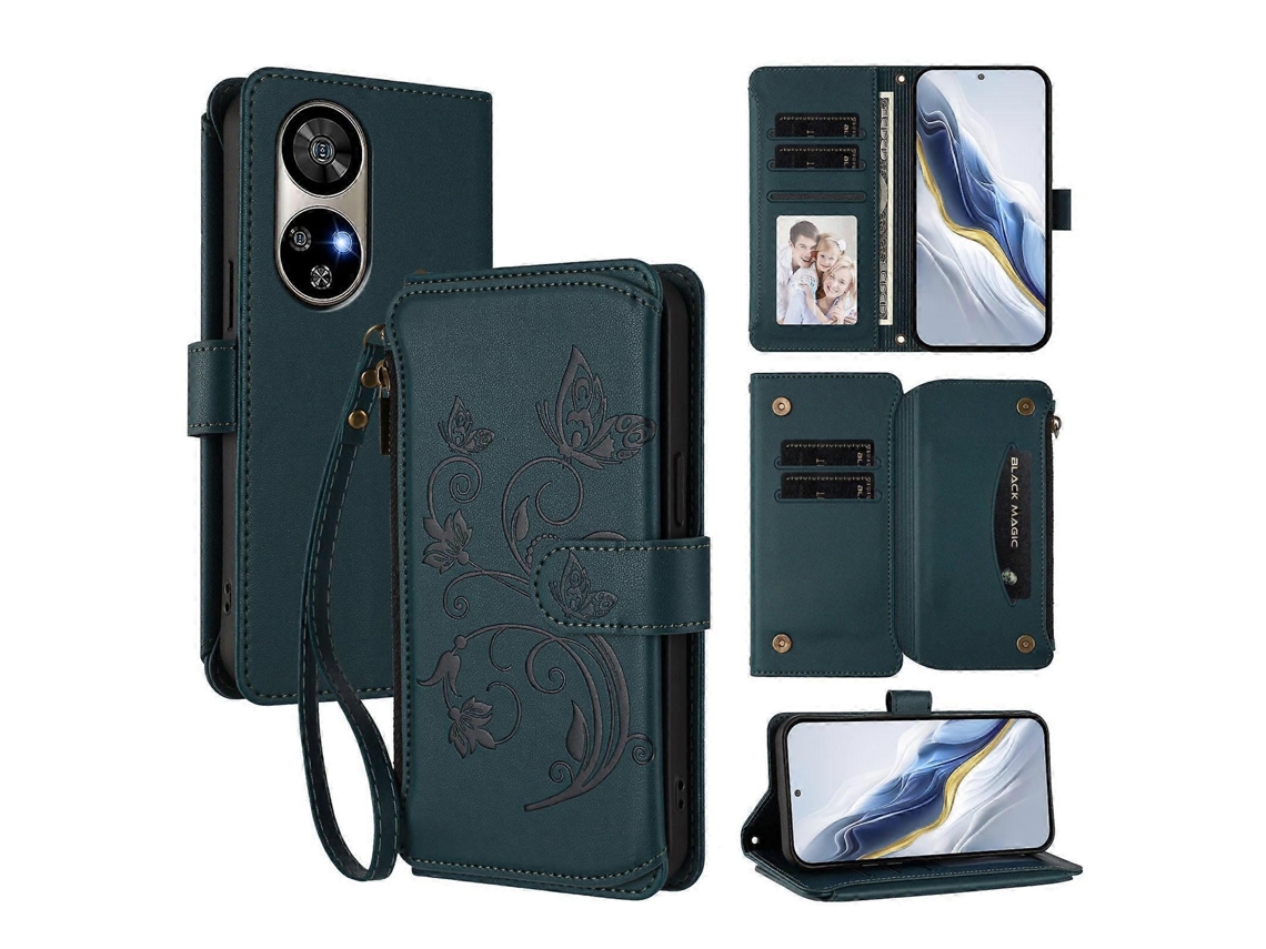 Capa De Celular De Couro Com Zíper E Várias Carteiras Com Estampa De Borboleta E Flor