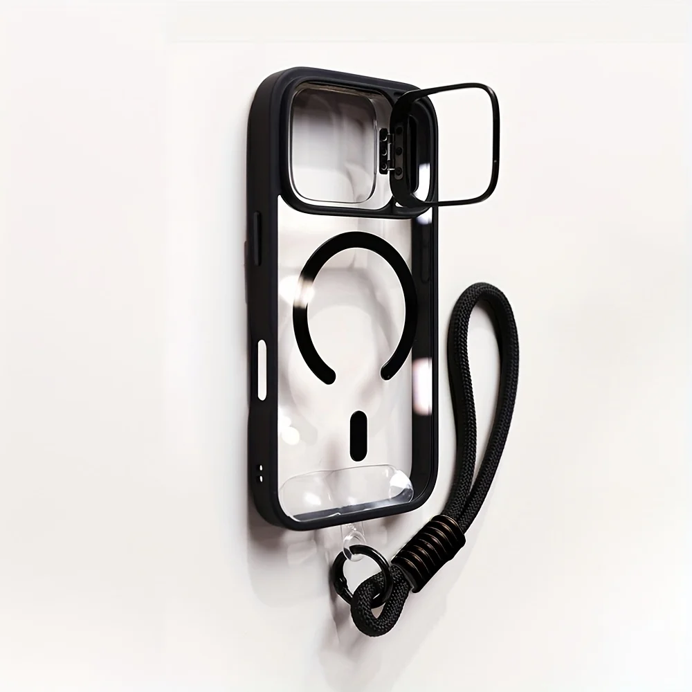 Capa Transparente Magnética Para Iphone 17 Pro Com Suporte Para Lente E Alça De Pulso Magsafe.