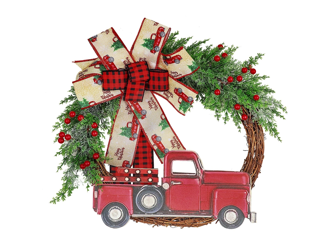 Guirlanda de Natal caminhonete vermelha para porta, decor farm house, outono, colheita, Halloween, Ação de Graças | S/MARCA