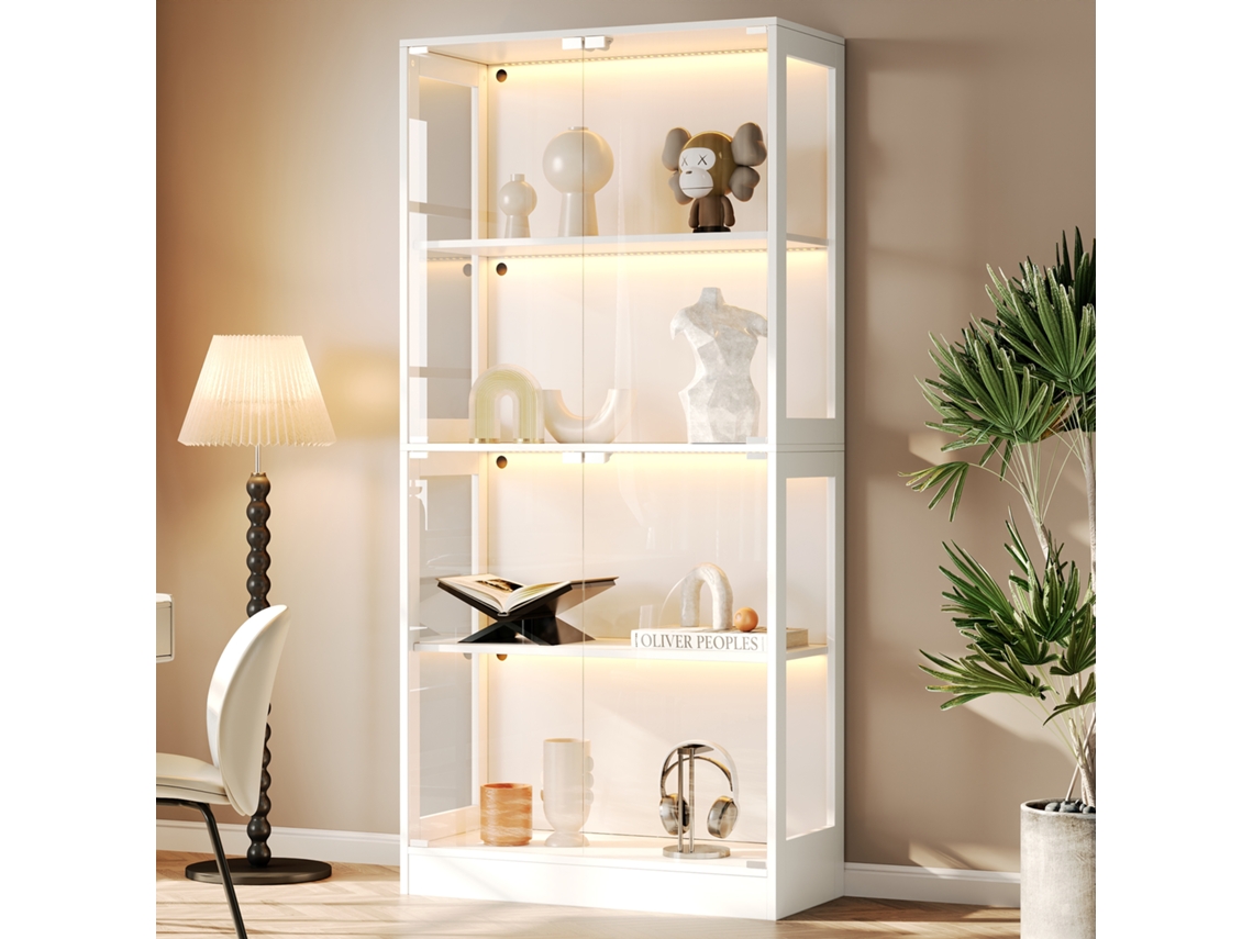 Vitrine Led 80x35x170 Cm, Vidro Transparente, 4 Níveis, Luz Led Controlada Por App, Portas Push-to-open, Para Figuras E Modelos, Branco Minimalista