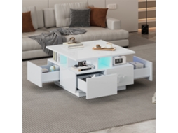 Mesa De Centro 70x70x40cm, Alto Brilho, Led, 4 Gavetas, Design Geométrico, Branca, Suporta 30kg.