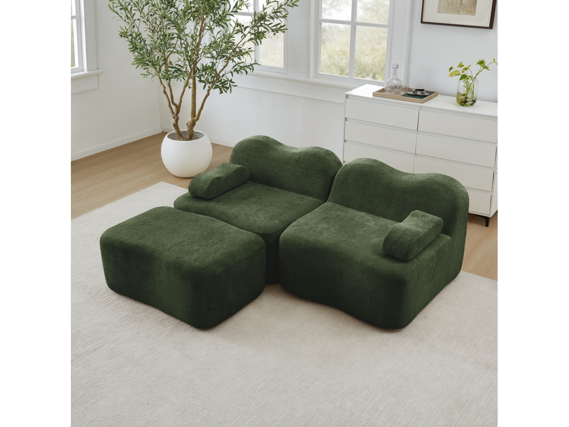 Sofá Modular 2 Lugares Em L Sem Ossos, Com 1 Otomana, Formato Ondulado, Almofada Móvel De Apoio, Verde, Sem Montagem, Para Sala Ou Apartamento.