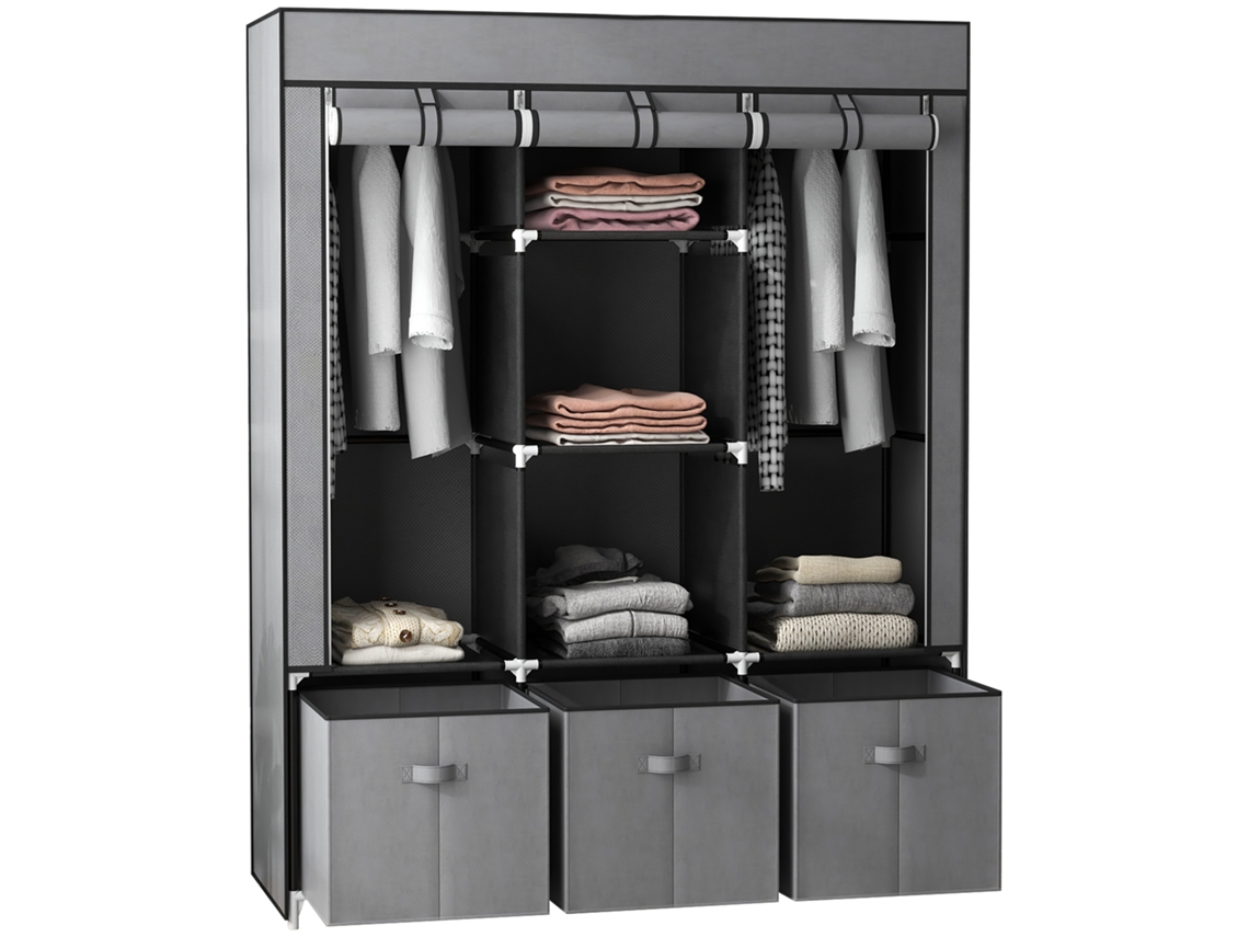 Armário Organizador de Tecido Dobrável com 5 Prateleiras,2 Cabideiros e 3 Gavetas 125lx43lx162,5hcm BTFORUS