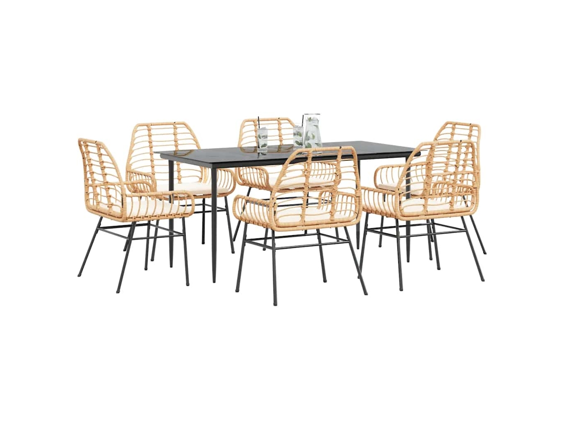 Vidaxl Conjunto Jantar Jardim 7 Peças Almofadas Vidro Vime Pe Castanho