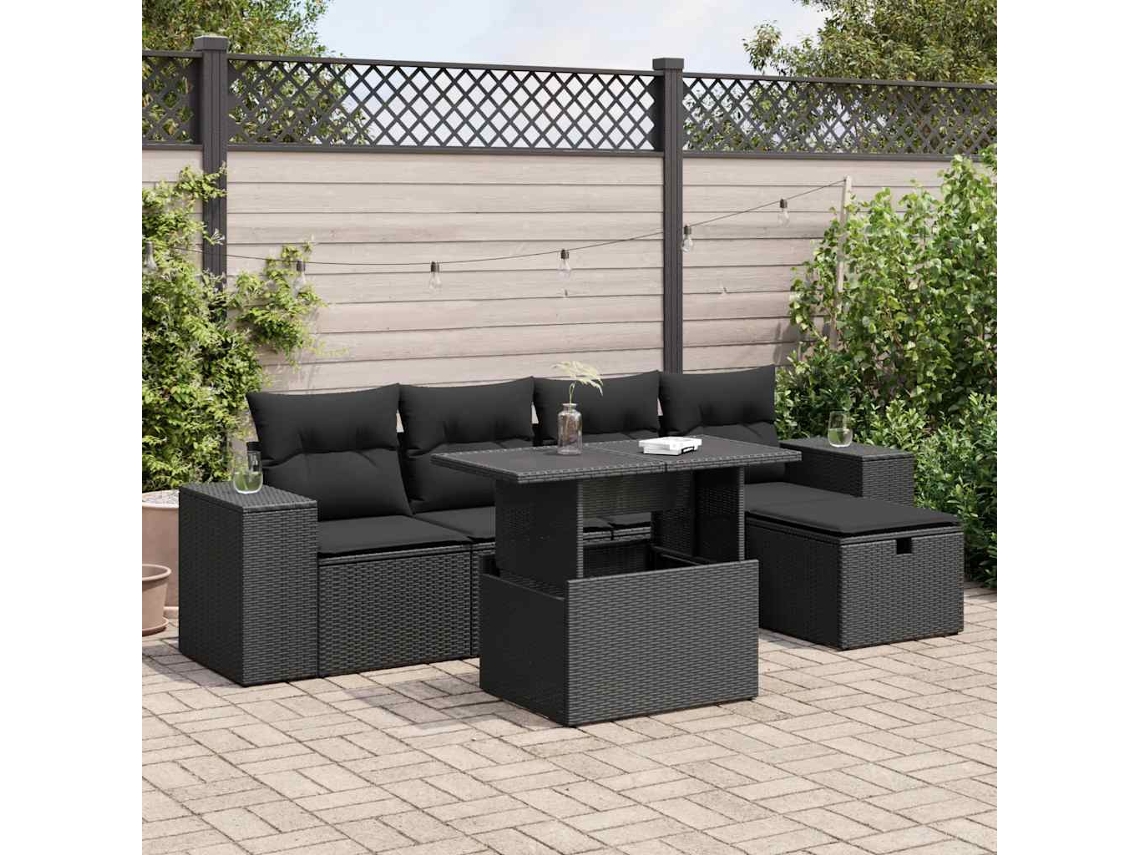 Vidaxl 6 Pcs Conjunto Sofás de Jardim C/ Almofadões Vime Pe Preto