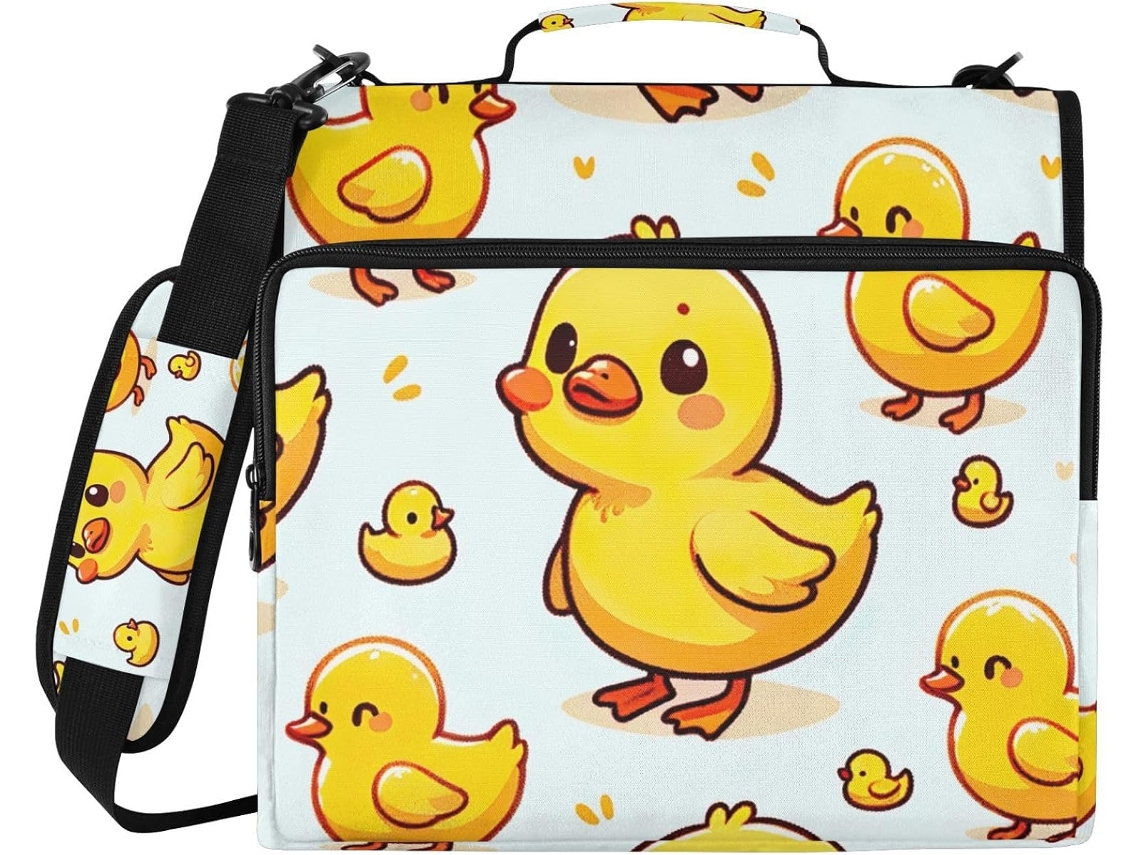 Bolsa Organizadora Fofa em Patinho Amarelo, Formato Pasta, 3 Argolas, Cor Pastel, com Zíper Resistente à Água
