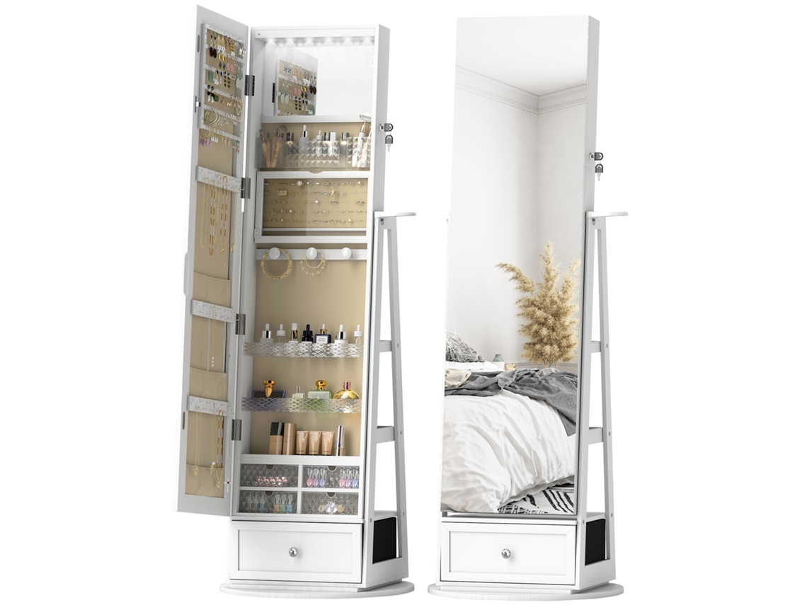 Espelho Joyero com Luzes LED, Armário Giratório 360° com Fechadura Branco BTFORUS