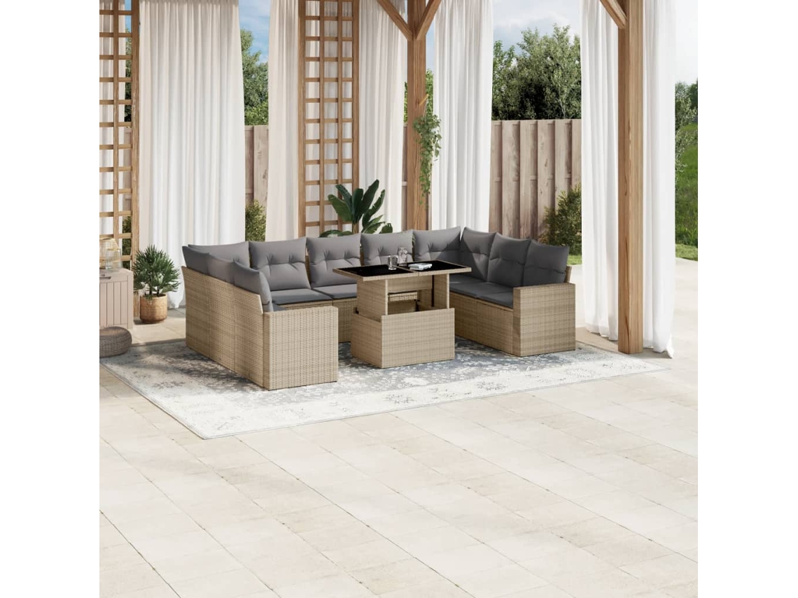 Vidaxl 10 Pcs Conjunto De Sofás P/ Jardim Com Almofadões Vime Pe Bege