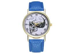 Relógio de quartzo unissex com pulseira de couro PU, estampa de caveira e numerais romanos (azul royal)