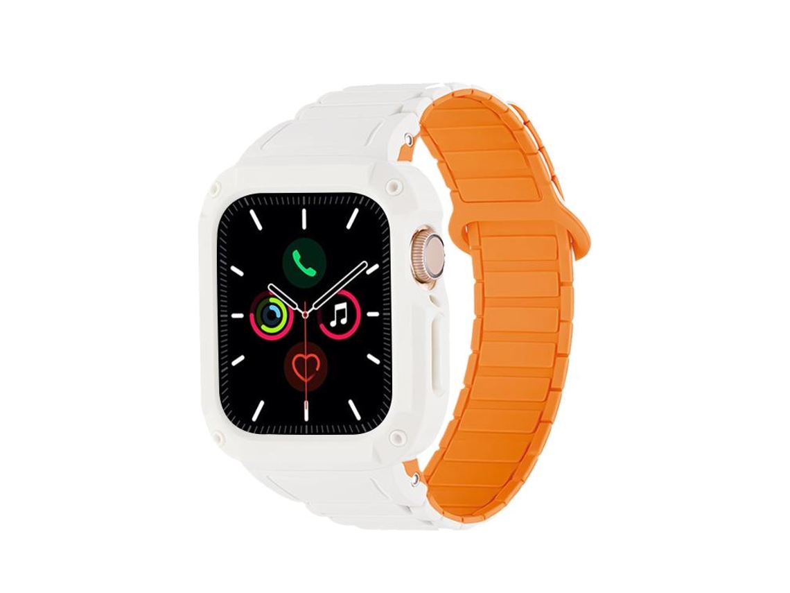 Bracelete para Apple Watch 46/49/45/44mm Silicone com Fecho Magnético Invertido e Capa Tpu Integrada Branco e Laranja XIAOMOYU