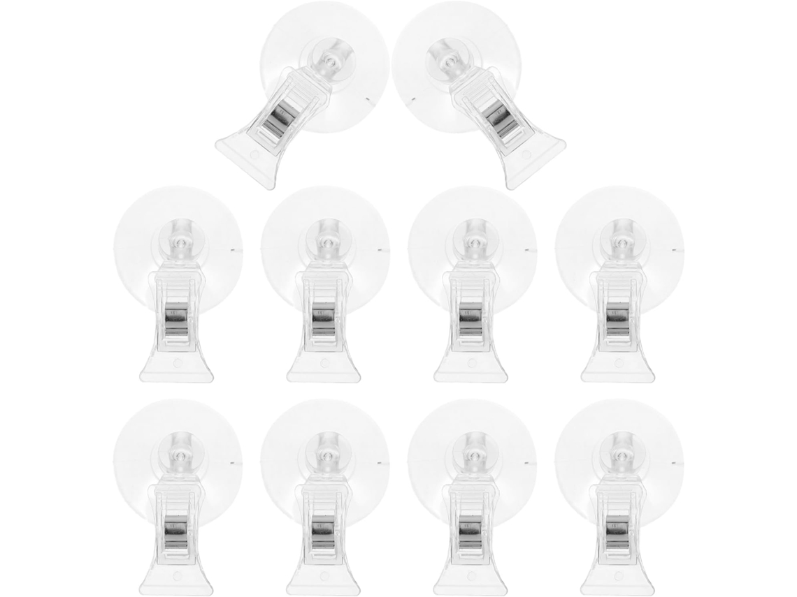 Conjunto de 25 clipes de ventosa transparentes para fixar etiquetas e mensagens nas paredes de vitrines comerciais.