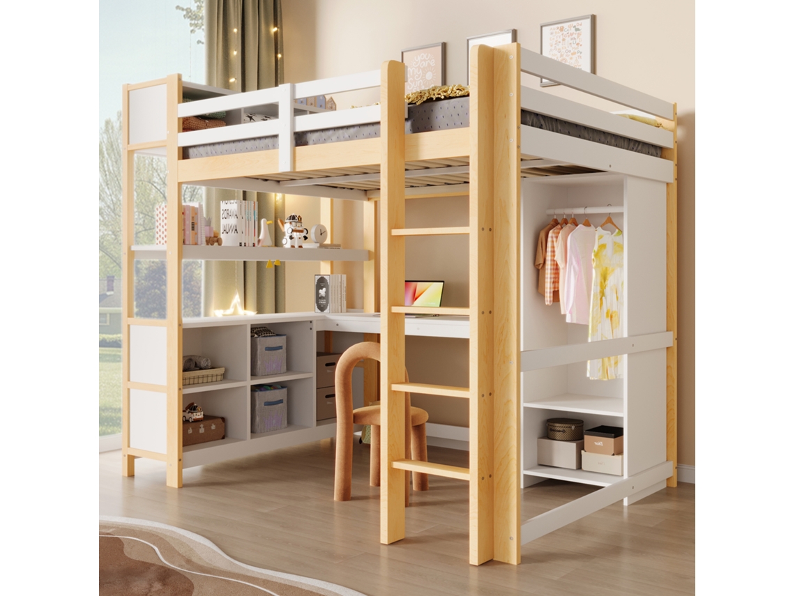 Cama alta 140x200 cm com escrivaninha, prateleiras, guarda-roupa, compartimentos, madeira natural VSOGA