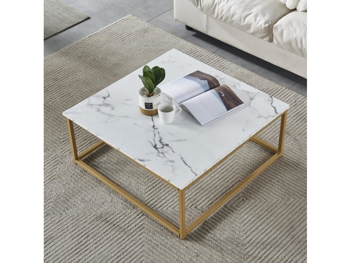 Mesa Baixa Quadrada Muebles Cosy, Estrutura Em Metal Dourado, Tampo Em Mdf Com Acabamento Em Papel Imitando Mármore, Estilo Escandinavo Meubles Cosy